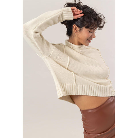 High Neck Reverse Seam Sweater: CREAM
