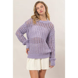 Open Stitch Long Sleeve Sweater: PASTEL GREEN