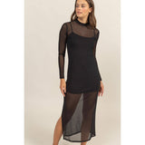 SHEER OVERLAY SLIT MIDI DRESS: OFF WHITE