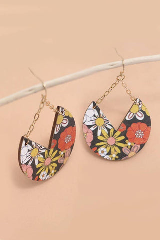 Gold JOSSLYN FLOWER PRINT WOOD CHAIN DROP EARRINGS