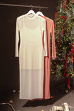 SHEER OVERLAY SLIT MIDI DRESS: OFF WHITE