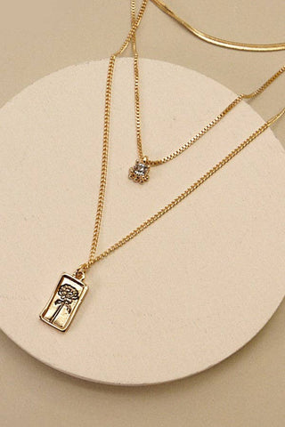 Gold JOSSLYN RECTANGLE FLOWER PEDNANT MULTI LAYER NECKLACE