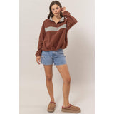 Fleece Color Block Half Zip Pullover: BROWN