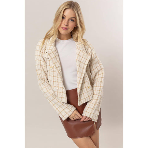 Tweed Plaid Double-Breasted Jacket: CREAM