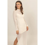 SHEER OVERLAY SLIT MIDI DRESS: OFF WHITE