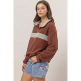 Fleece Color Block Half Zip Pullover: BROWN