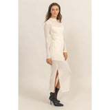 SHEER OVERLAY SLIT MIDI DRESS: OFF WHITE