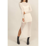 SHEER OVERLAY SLIT MIDI DRESS: OFF WHITE