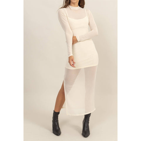 SHEER OVERLAY SLIT MIDI DRESS: OFF WHITE