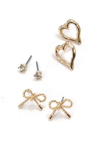 Gold JOSSLYN- BOW HEART CHARM STUD TRIO EARRINGS