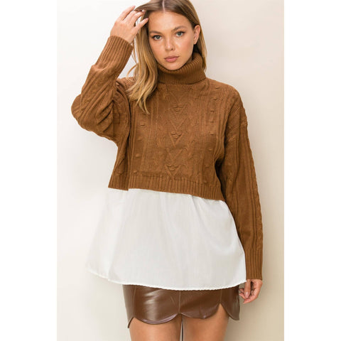 Mixed Media Cable Knit Turtleneck Top BROWN