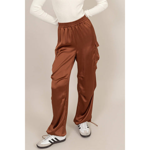 Stylish Approach Satin Cargo Pants: CHOCOLATE