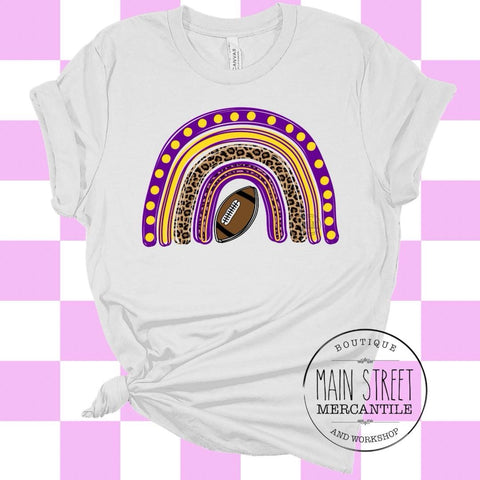 Football and purple and gold rainbow Trojans graphic tee -27