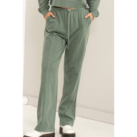High-waisted Drawstring Pants: GRAY GREEN