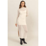 SHEER OVERLAY SLIT MIDI DRESS: OFF WHITE