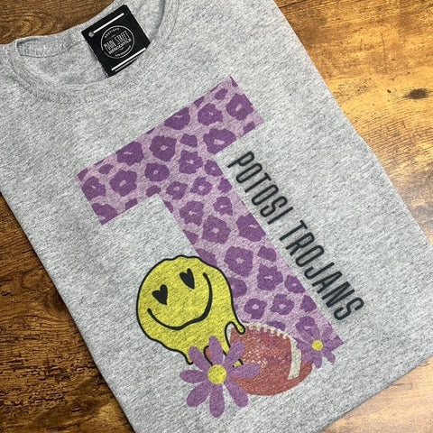 Purple leopard print T, smiley face, football, Trojans graphic tee -67