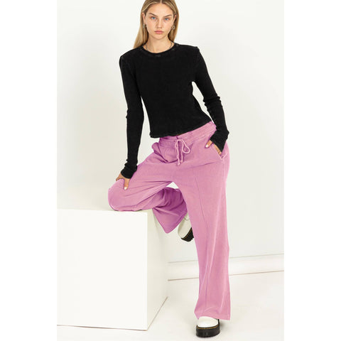 HIGH WAIST DRAWSTRING WIDE LEG PANTS: VINTAGE PLUM