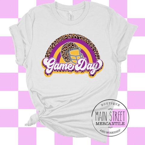 Purple, gold, leopard print Trojans helmet graphic tee -6