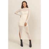 SHEER OVERLAY SLIT MIDI DRESS: OFF WHITE