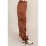 Stylish Approach Satin Cargo Pants: CHOCOLATE