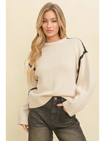 Drop Shoulder Contrast Beige Sweater