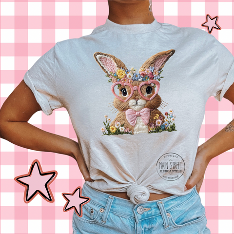 Faux Embrodery Floral Bunny Graphic Top