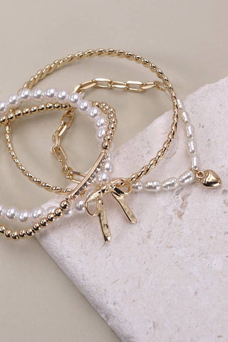 Gold BOW PEARL RHINESTONE BAR STRETCH BANGLE SET