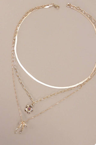 Gold JOSSLYN MULTI LAYER FLOWER BOW CHARM NECKLACE
