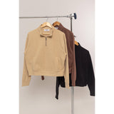 Half Zip Sweatshirt With Front Pockets -Tan