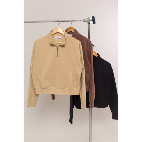 Half Zip Sweatshirt With Front Pockets -Tan