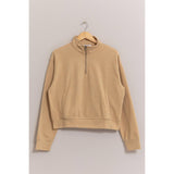 Half Zip Sweatshirt With Front Pockets -Tan