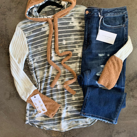 Grey and white striped long sleeve pullover